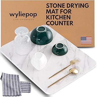 Stone Drying Mat for Kitchen Counter – Diatomaceous Earth Dish Drying Stone (White Marble) – Modern Countertop Drying Rack – Water Absorbent, Heat Resistant, Non-Slip Kitchen Mat with Towel (16"x12")