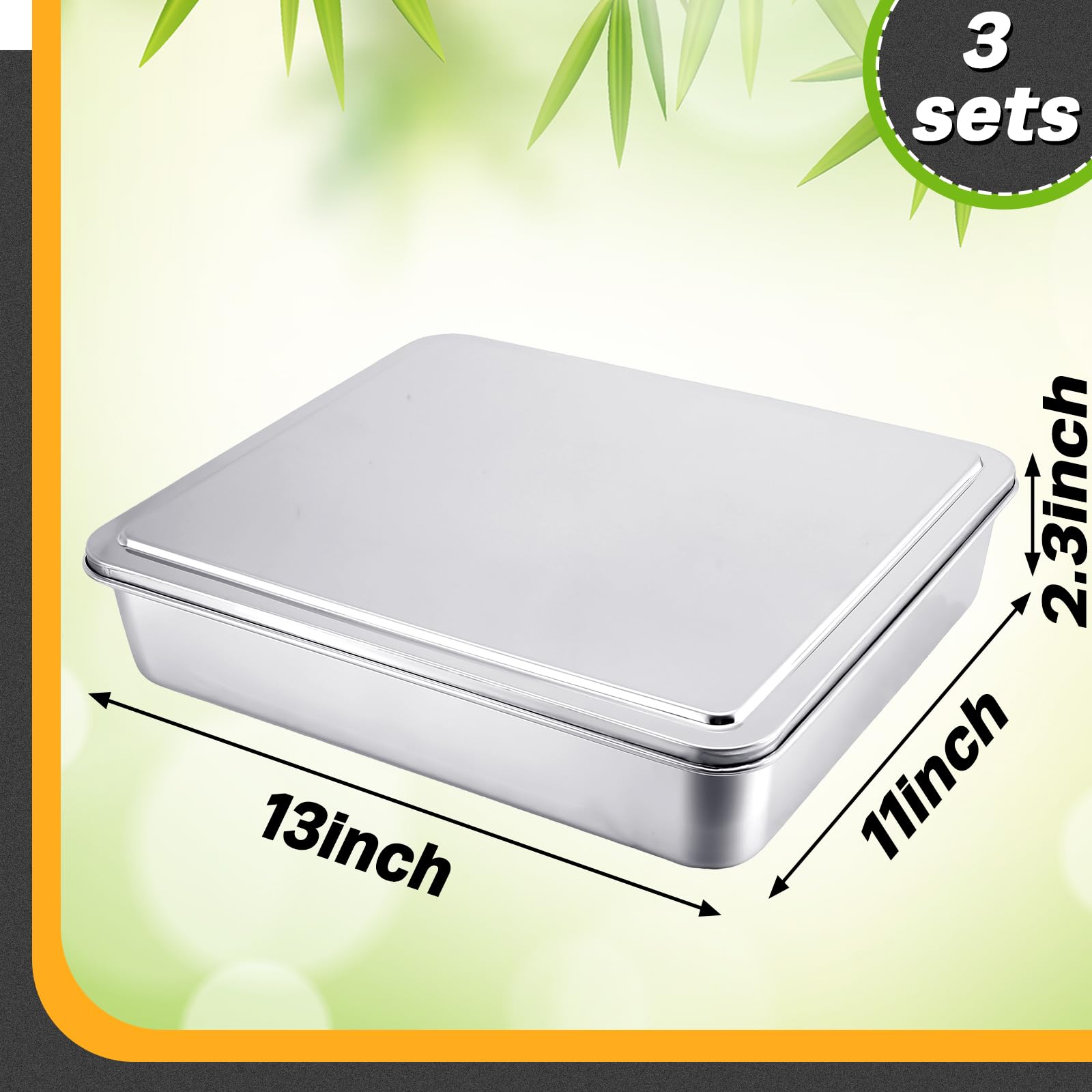 Tioncy Juego de 3 moldes para tartas cubiertos de acero inoxidable con tapa, 28 x 22,8 cm, bandeja rectangular para hornear con cubiertas, utensilios para hornear con tapas para pasteles, panes