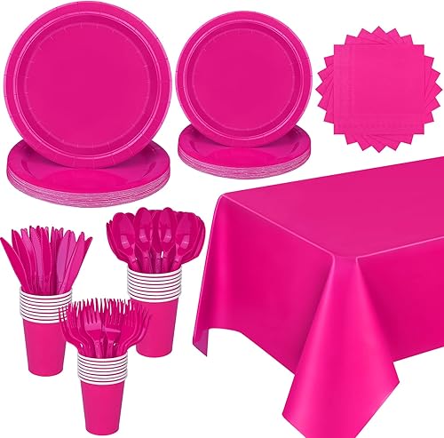 Miniatura 1 de Ruisita 193 piezas de suministros de fiesta de color rosa intenso incluyen platos de papel de postre desechables, vasos, servilletas, tenedores,