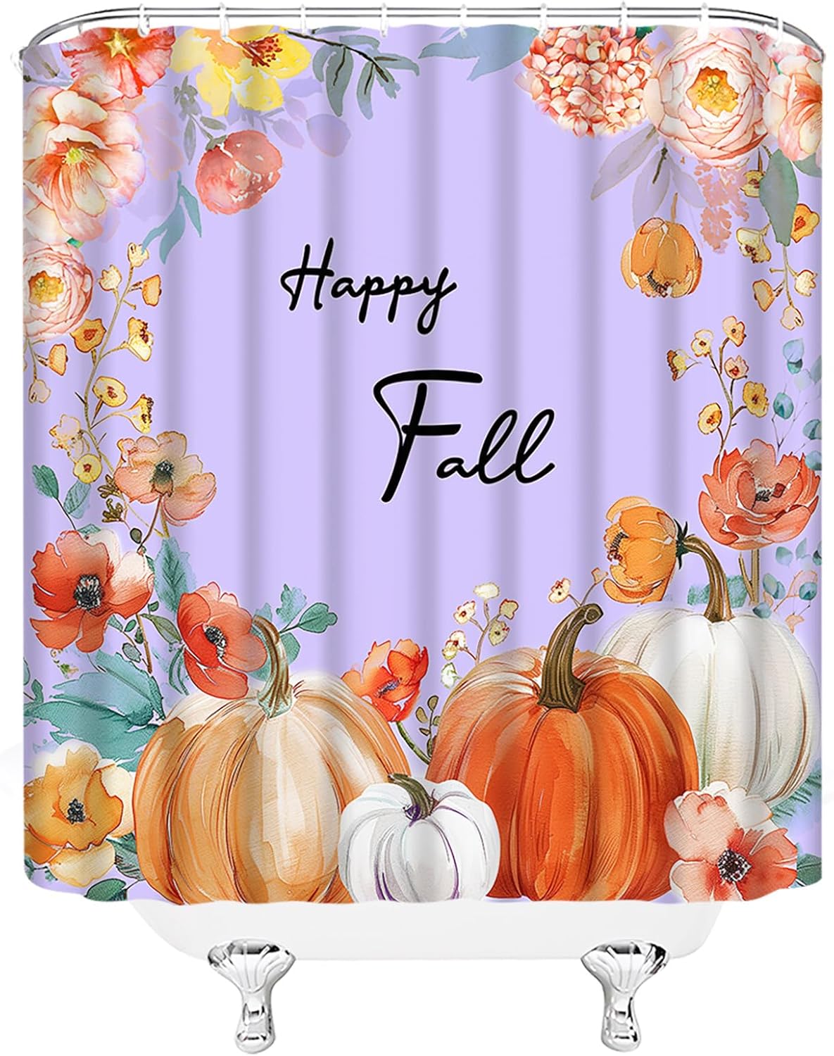 Happy Fall Shower Curtain Autumn Pumpkin Watercolor Flower Leaf Boho Thanksgiving Harvest Seaeon Modern Farmhouse Bathroom Curtain Fabric with Hooks(84" Wx70 H)