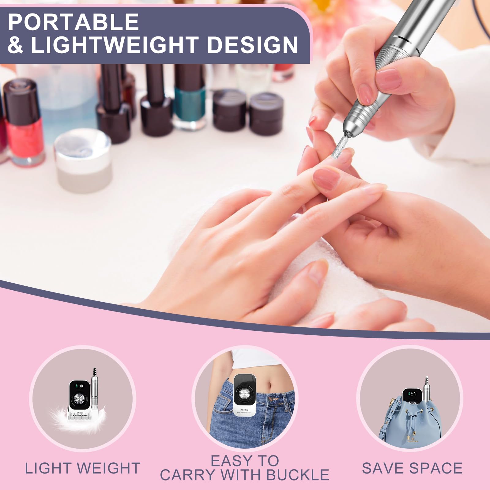 Ponceuse pour Ongles Professionnelle 40000 RPM, Urbuti 12 en 1 Lime à Ongle Electrique 4000 mAh avec Écran LCD, Vitesse Réglable, Silencieuse, Ponceuse Manucure Portable pour Salon/Maison (Blanc)
