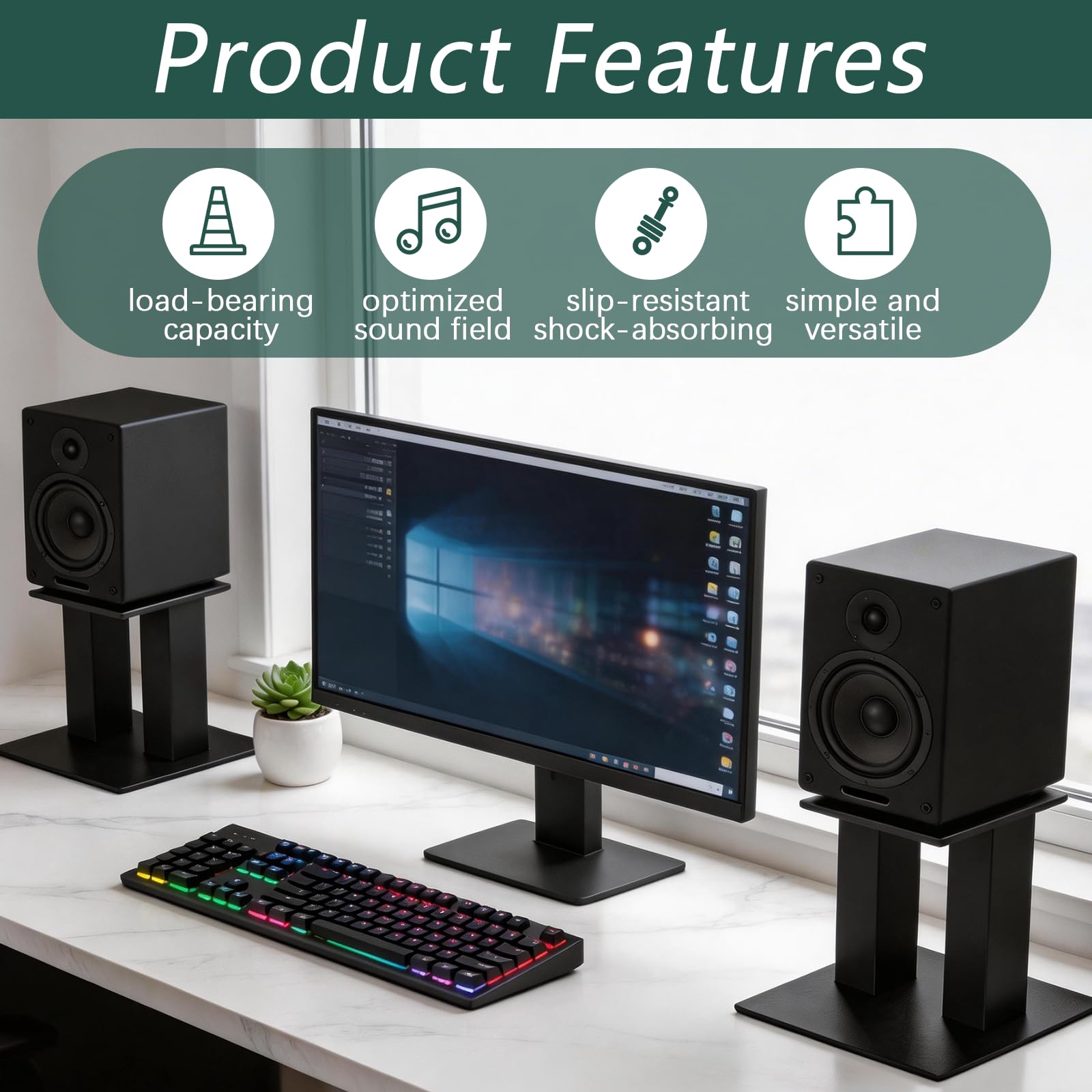 Soportes para Altavoces, Juego De 2 Soportes De Escritorio Metálicos Negros con Almohadillas De Espuma Antideslizantes para Altavoces Universales De hasta 20kg - 15cm