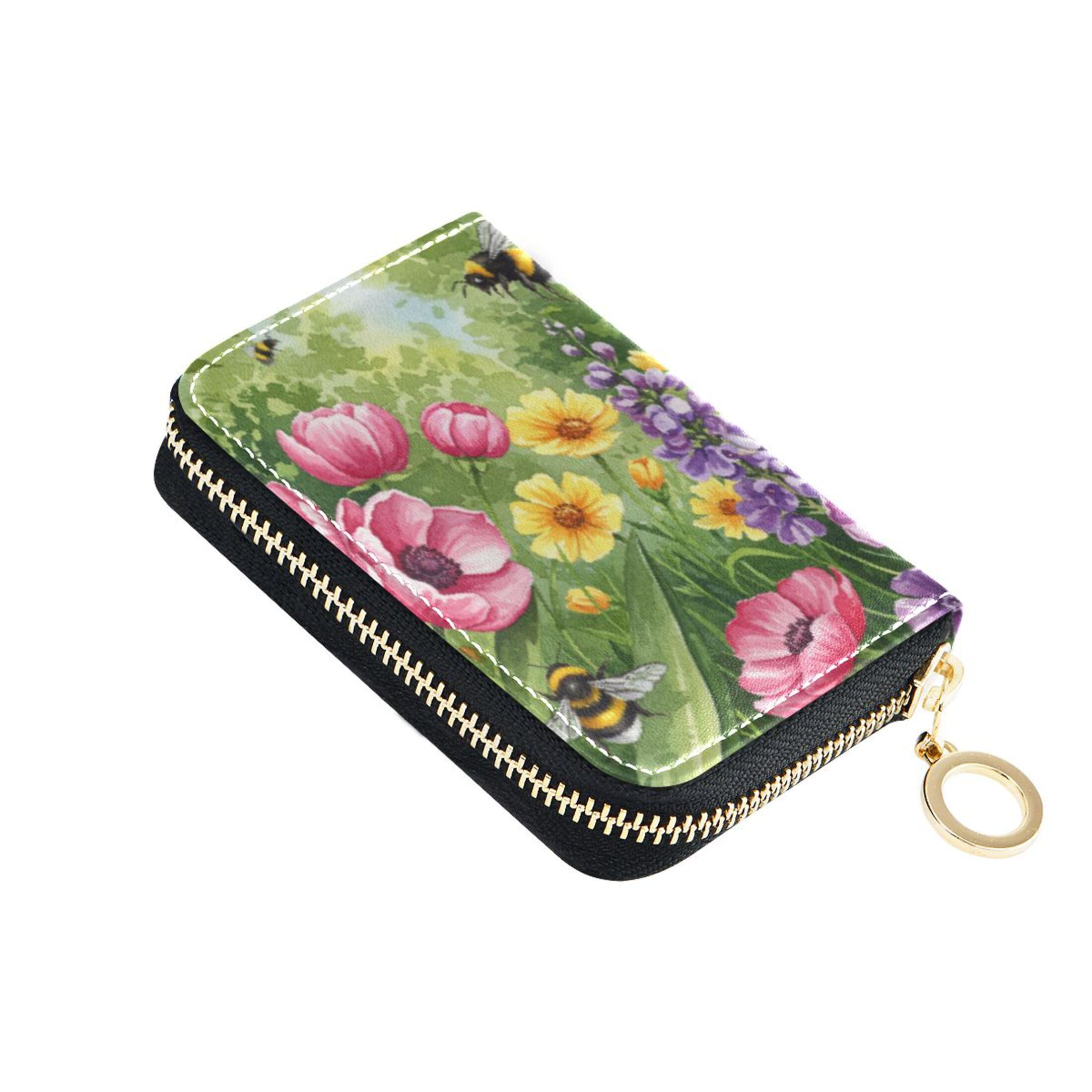 Burbuja Spring Bumblebees Garden Credit Card Holder for Women Men RFID Blocking, Leather Accordion Zipper Card Case Wallet 11 Slots