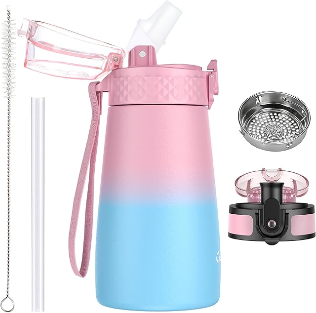 OLDLEY 350ml/12oz Kids Stainless Steel Water Bottle with Straw for School with 2 Different Lid Metal Vacuum Insulated Water Bottles Small Flask for Boys Girls Toddler Children Hot Cold Drinks BPA Free