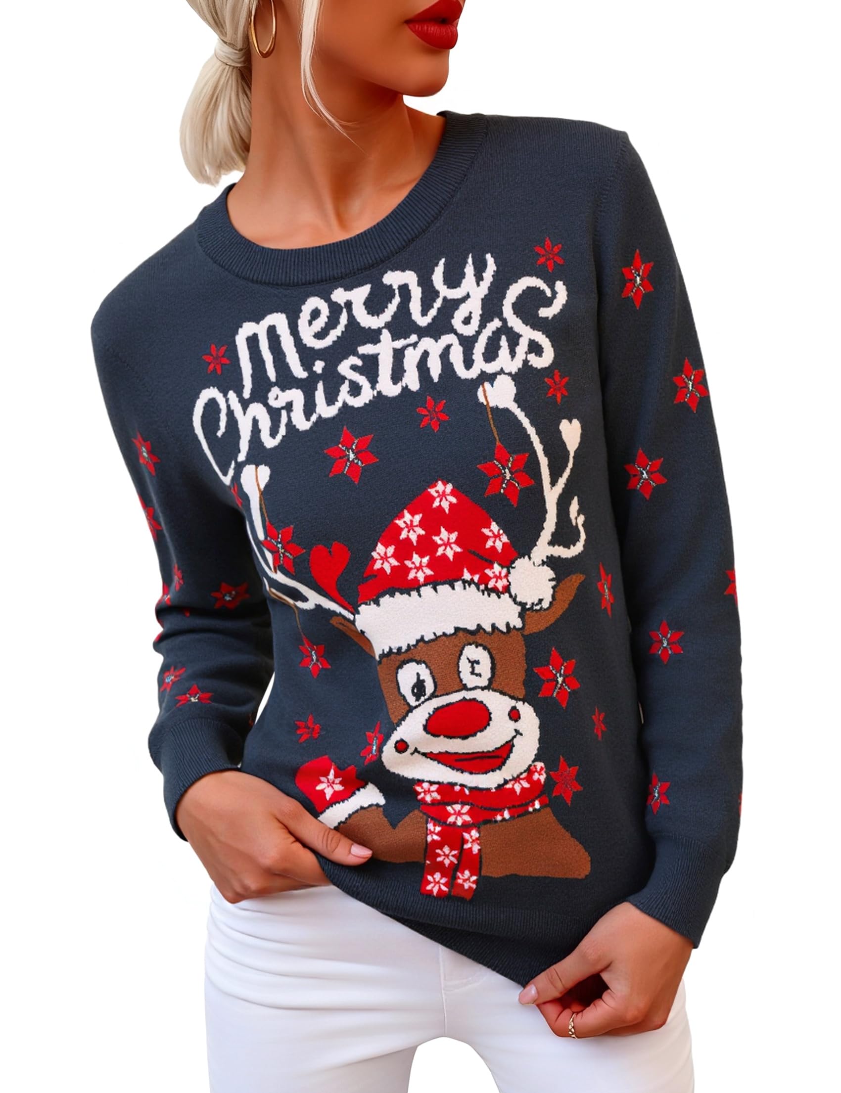 Maglione Natalizio Coppia Uomo Donna Famiglia – Pullover Merry Christmas con Renna e Motivi Festivi, Maglione Invernale Girocollo Caldo e Morbido per Feste di Natale S–XXL