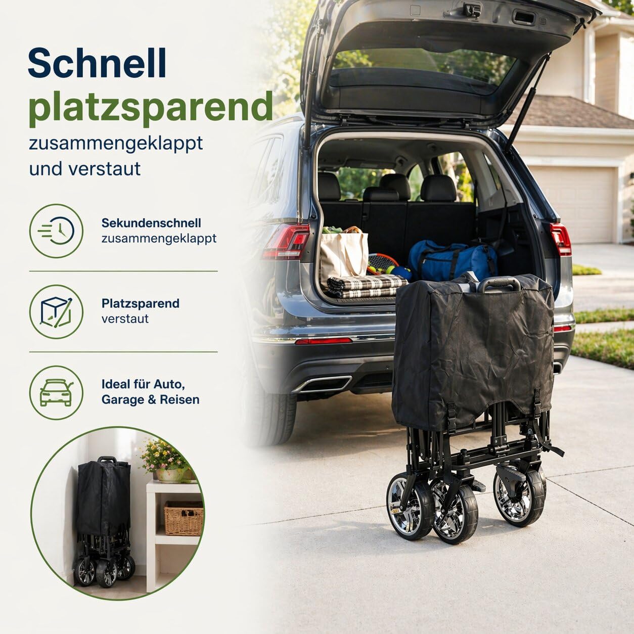 Bollerwagen faltbar mit Dach 105L 100kg Schiebegriff & Teleskop-Ziehstange 2 Feststellbremsen + Zentralbremse hinten 3-Punkt-Gurtsystem XXL-Hecktasche Bollerwagen mit Dach