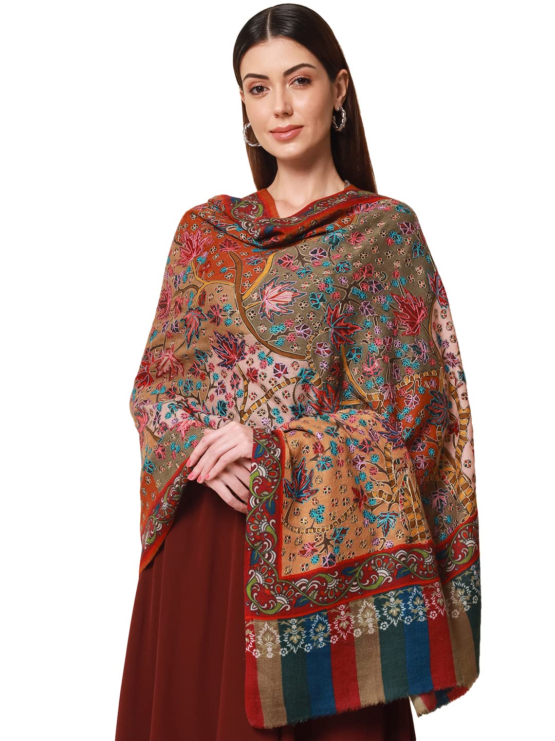 pashmoda Women 100% Pure Wool Fabric Kalamkari Embroidered Shawl, Stole and Wrap| Woolmark Certified Fabric Base| Women Shawl Wrap Scarf Pashmina | Heritage Kashmiri Pashmina(Size: 101 X 203 Cm)-picture-32