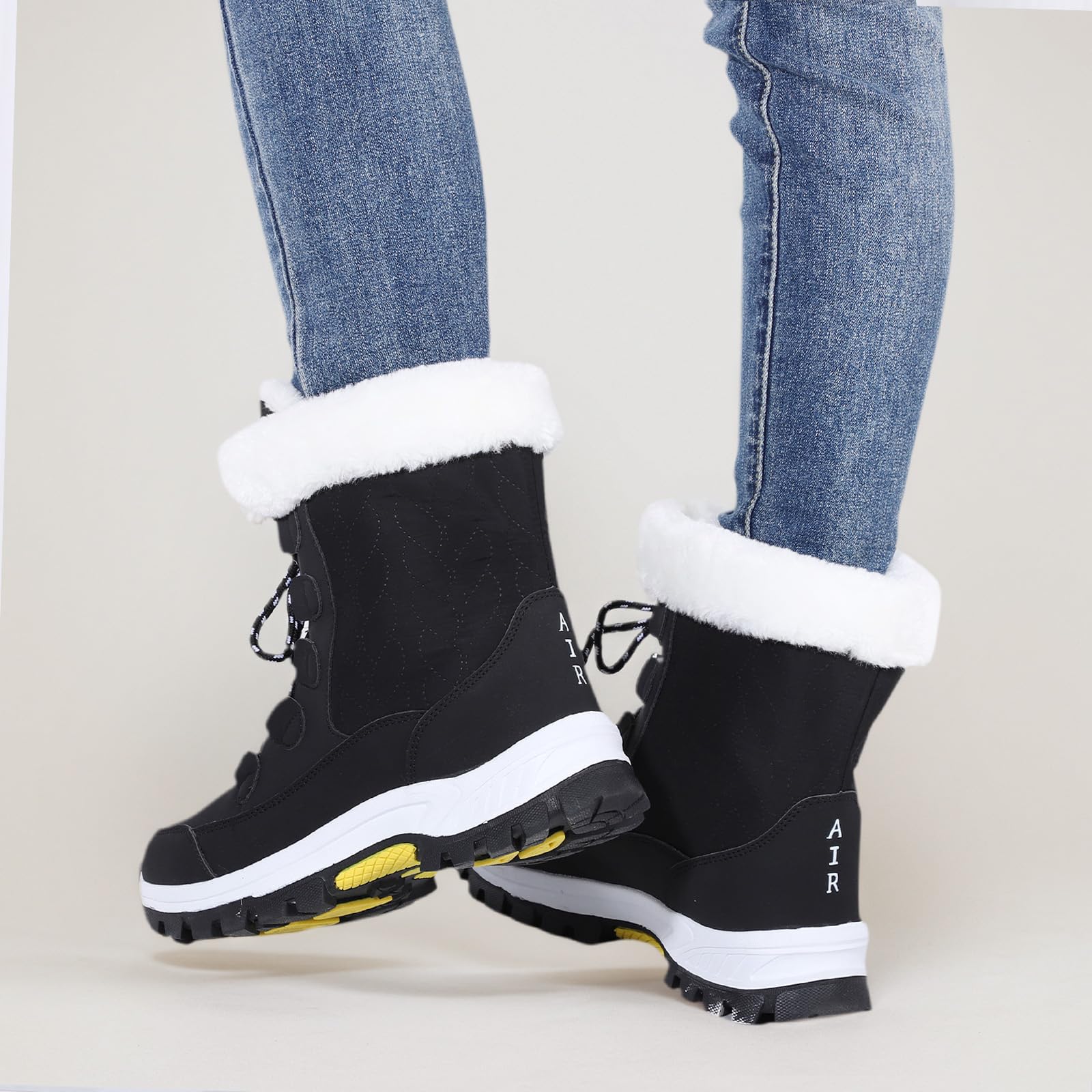 EVEOUT Damskie zimowe śniegowce do połowy łydki skóra PU antypoślizgowe buty outdoorowe z podszewką ze sztucznego futra (obcas 4 cm) do podróży i noszenia na co dzień, Czarny, 40 EU