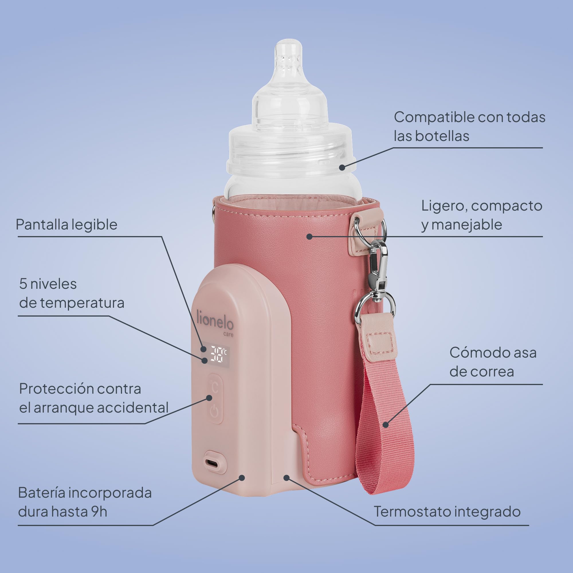 LIONELO Thermup Go Evo Calientabiberones Portátil Para Bebé, Mantiene los Líquidos Calientes, 5 Temperaturas de Funcionamiento de 38 a 50 oC, hasta 9 horas de Funcionamiento Pantalla LCD (Pink) | Rango de 38 a 50 °C, pantalla LCD y hasta 9 horas de funcio