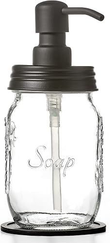 Vista 11 de Petite - Dispensador de jabón y/o loción en tarro Mason de 12 onzas con bomba dispensadora de jabón negro brillante y posavasos antideslizantes