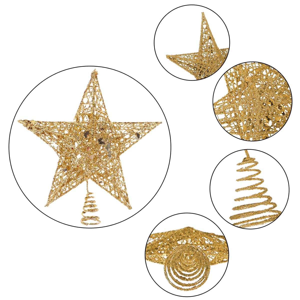 Estrella Árbol de Navidad Metal 22cm - Estrella la Copa del Árbol Brillante con Base Espiral Estable, Diseño Hueco 3D, Adornos para la Copa del Árbol Decoración Navideña Clásica, Dorado