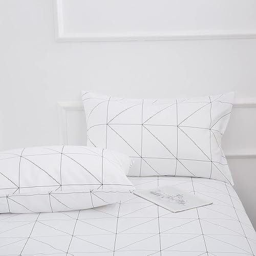 Bed Sheet Set 4 Pieces -Full Size-Soft Durable Microfiber Bedding Sheet Set,Deep Pocket,Stain,Fade & Wrinkle Resistant(Geometric White)