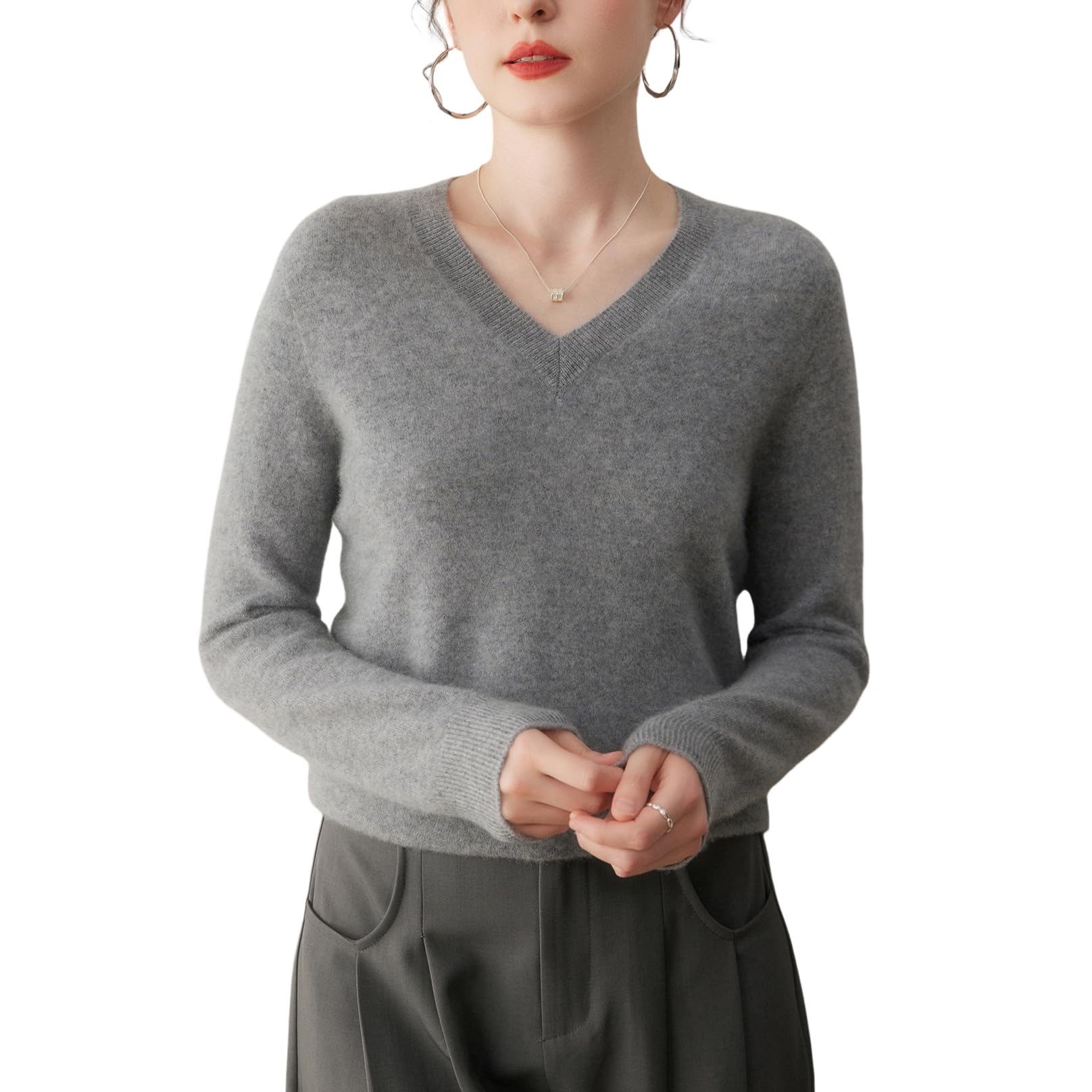 DISSA Pull Femme Col V Manches Longues Cachemire Laine,MA9005