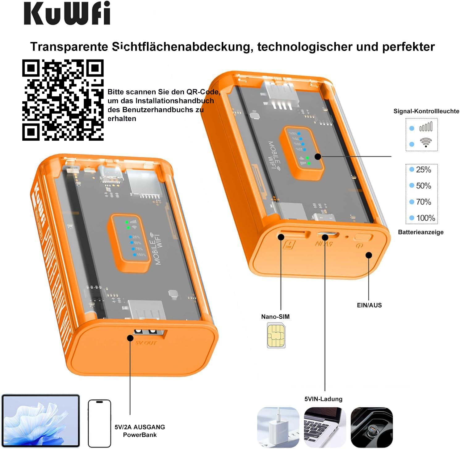 KuWFi Mobilny router 4G LTE WLAN (4G/LTE do 150 Mbit/s do pobrania / 50 Mbit/s upload, przenośny hotspot, akumulator 5200 mAh, kompatybilny ze wszystkimi europejskimi kartami SIM), Plug & Play, do