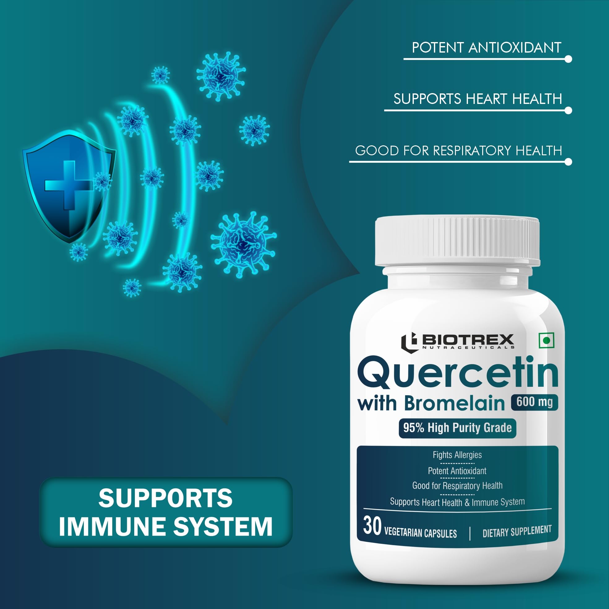 Biotrex Nutraceuticals Quercetin with Bromelain 600mg Better Respiratory Health | Antioxidant | Fights Allergies | Immunity & Cardiovascular Health - 30 Veg Capsules 1