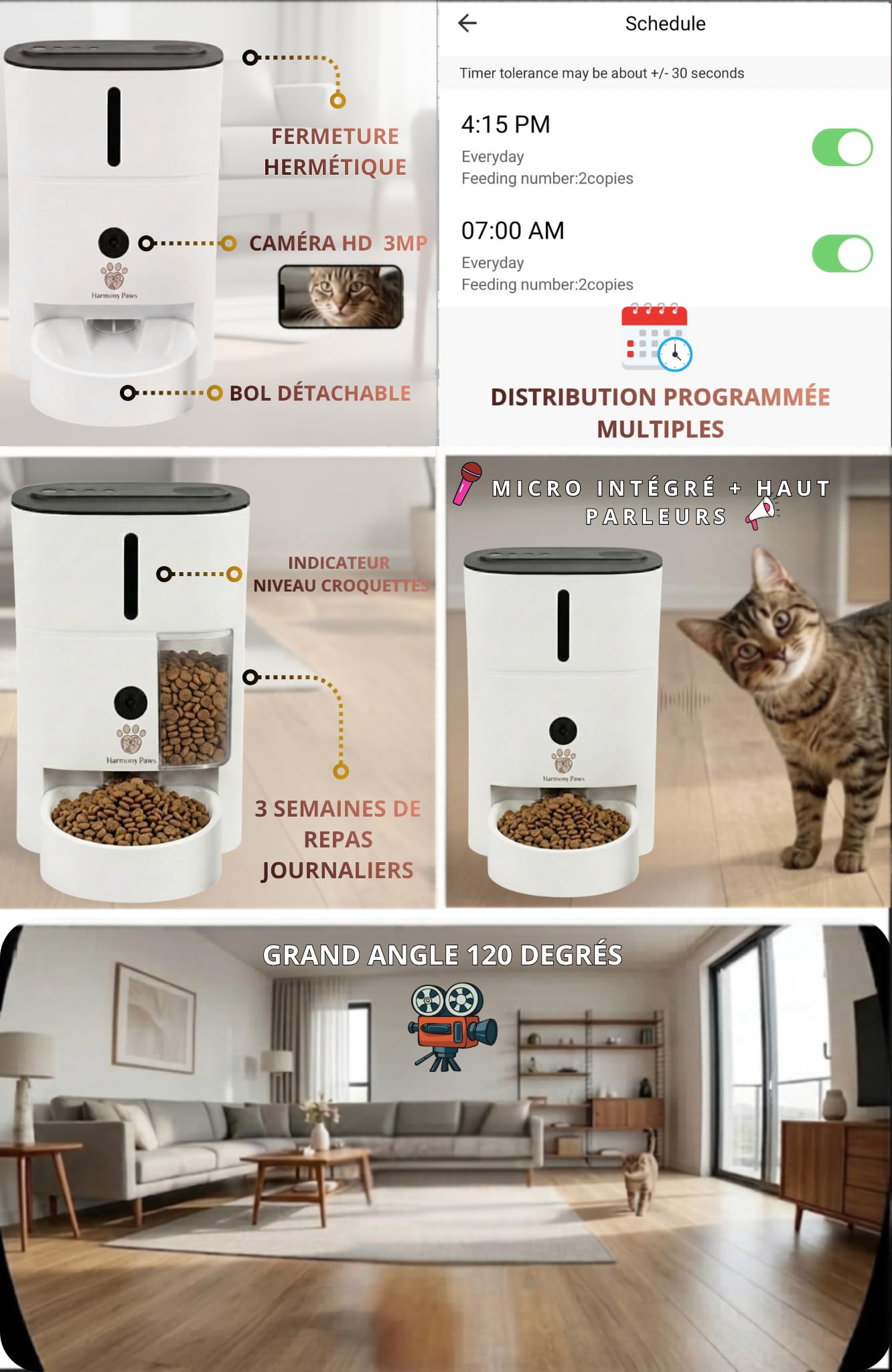 HarmonyPaws Distributeur de Croquette prenium Automatique connecté Smartlife WiFi avec caméra Haute définition à détecteur de Mouvement et Micro intégré