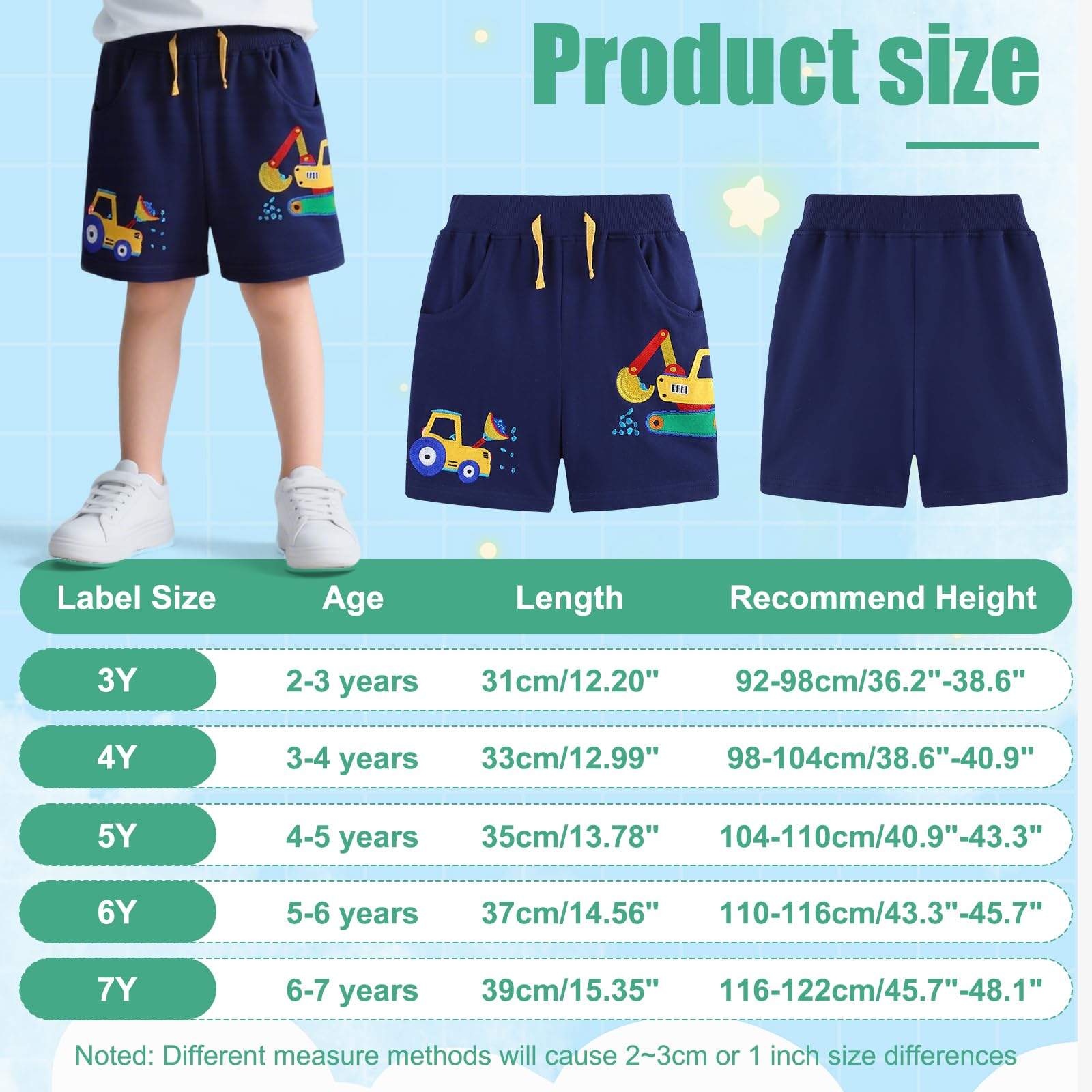 JinBei Pantalon Corto Niño Verano Algodón con 2 Bolsillos Cómodos Ropa Cintura Elástica Bermudas Niños Patrón de Dinosaurio y Excavadora para Correr, Deporte, Casual, Azul Marino 2-7 Años