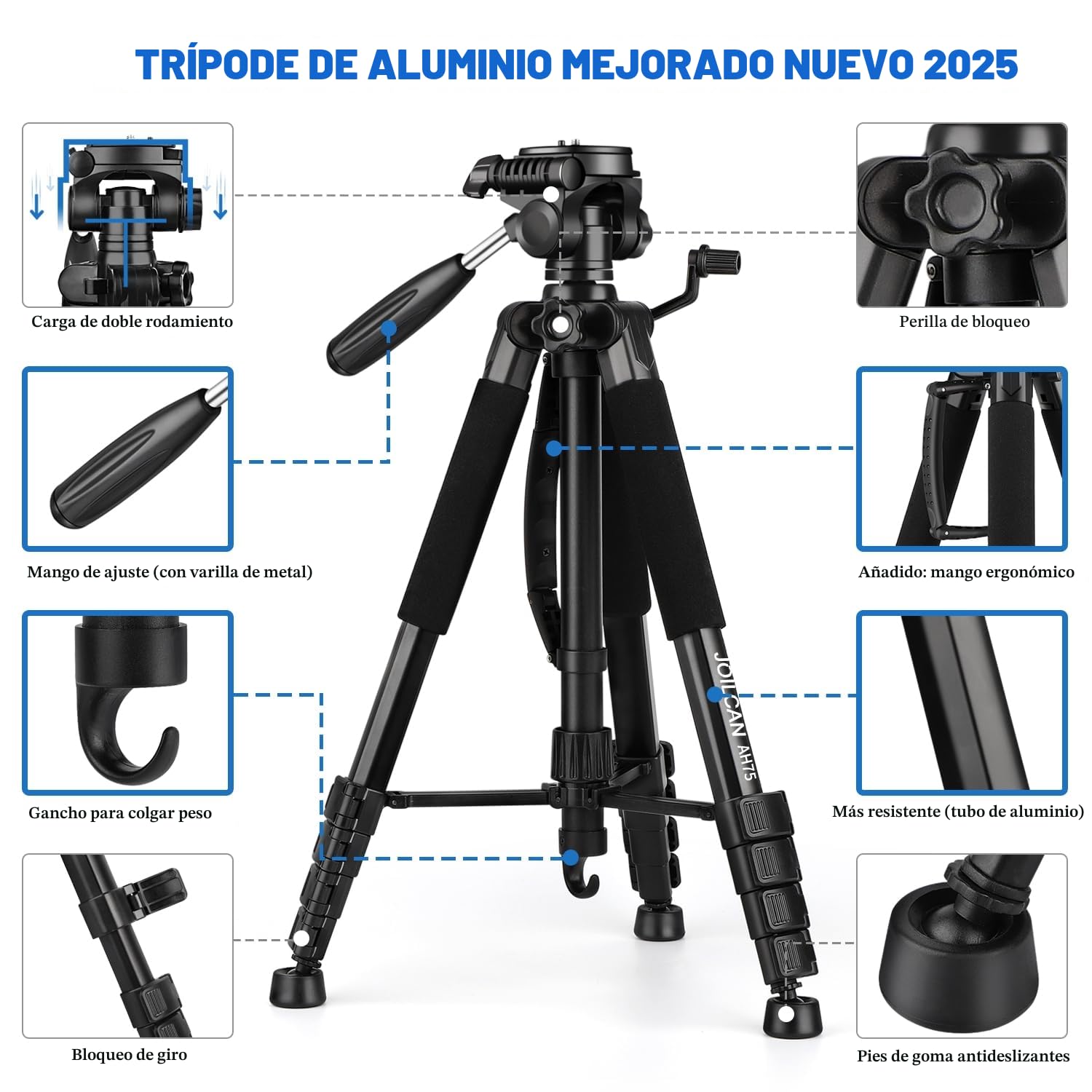 JOILCAN Trípode Cámara, 187cm Tripode para Movil con Soprtre de Teléfono Movil, Tripod de Aluminio con Cabezal Giratorio de 360 Grados, Ligero Trípode para Canon Nikon Sony, Carga hasta 5kg, Negro