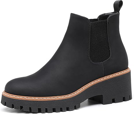 DECARSDZ Womens Chunky Platform Chelsea Boot With Elastic Low Wedge Heel Slip On For Fall Work Suede Leather Classic Style Ankle Boots Women