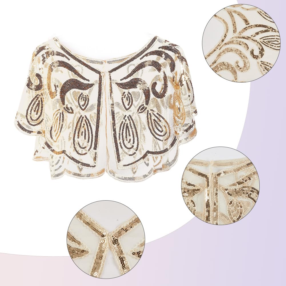 Châle à Paillettes Perles Dorée Années 1920 Cape Boléro en Mousseline de Soie Ouverte Écharpe Étole Couverture Rétro Élégant pour Femme Flapper Robe de Mariée Mariage Fête Soirée Accessoires