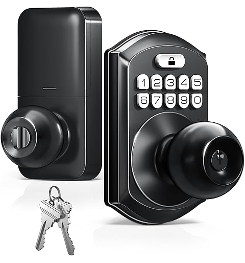 TEEHO TE003 Keyless Entry Keypad Door Lock with Handle, Electronic Digital Smart Locks for Front Door, Smart Door Knob with Code for Bedroom with Interior Locks, Auto Lock, Passage Mode, Matte Black