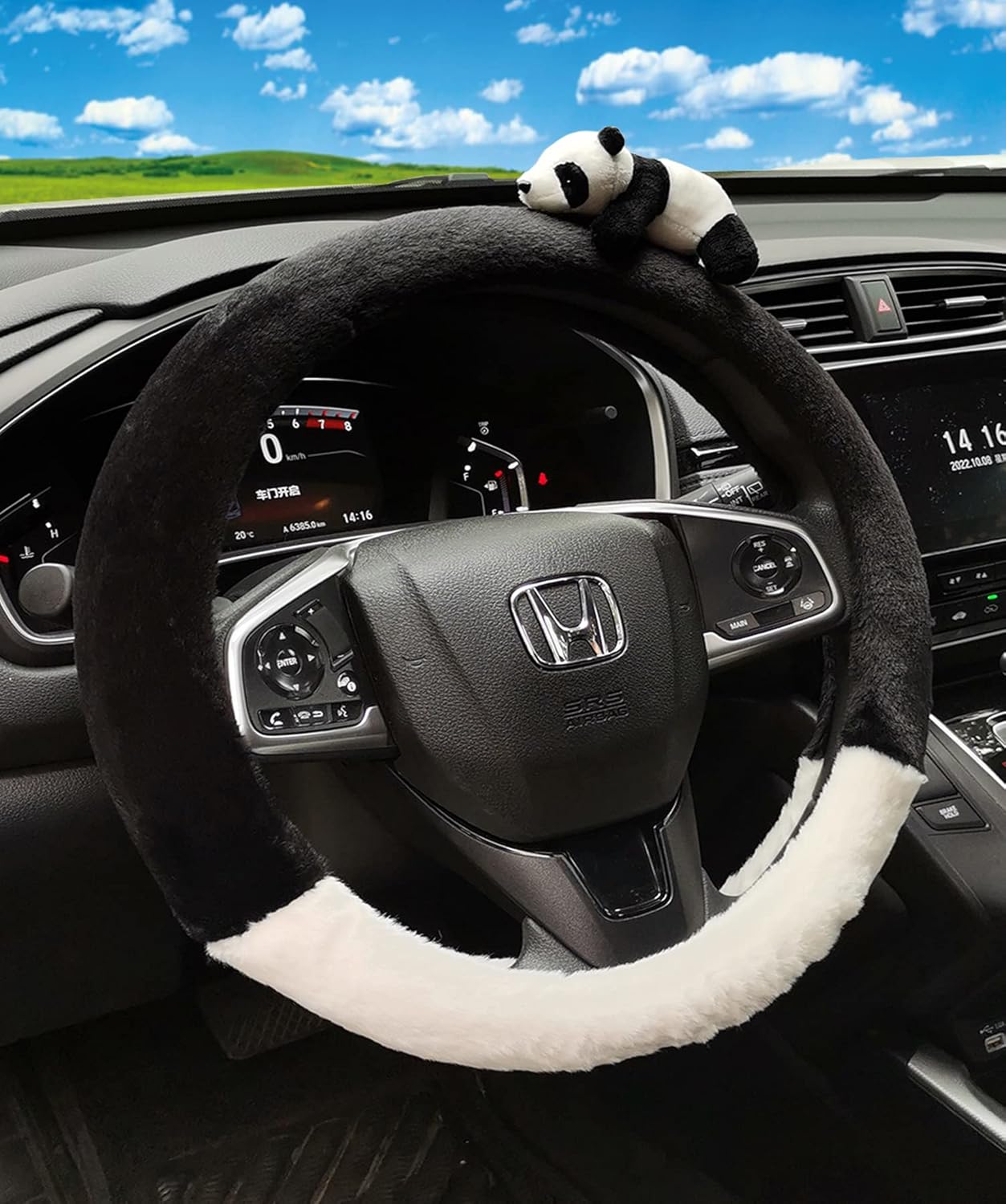 8 Pcs Cute Panda Steering Wheel Cover Set for Women Girl,Anti-Slip Lovely Cartoon Car Wheel Protector Universal 15 Inch Fit for Vehicle, Car, Auto, SUV (Black White)
