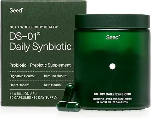 “Seed DS-01 Daily Synbiotic capsules and packaging – advanced probiotic and prebiotic support for digestion and skin health”
