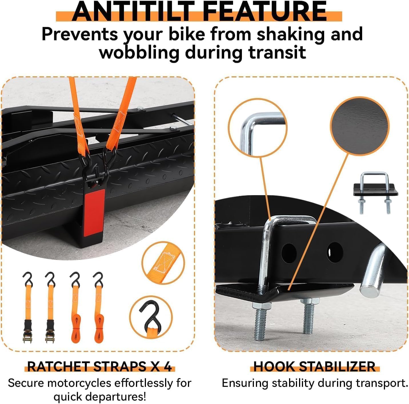 Heavy Duty Motorcycle Hitch Carrier, 600 Lbs Capacity Moto Hauler for Dirt Bikes & Electric Bikes, Fits 2" Receiver, Anti-Wobble Anti-Rust Motorcycle Rack for Truck/RV/Trailer
