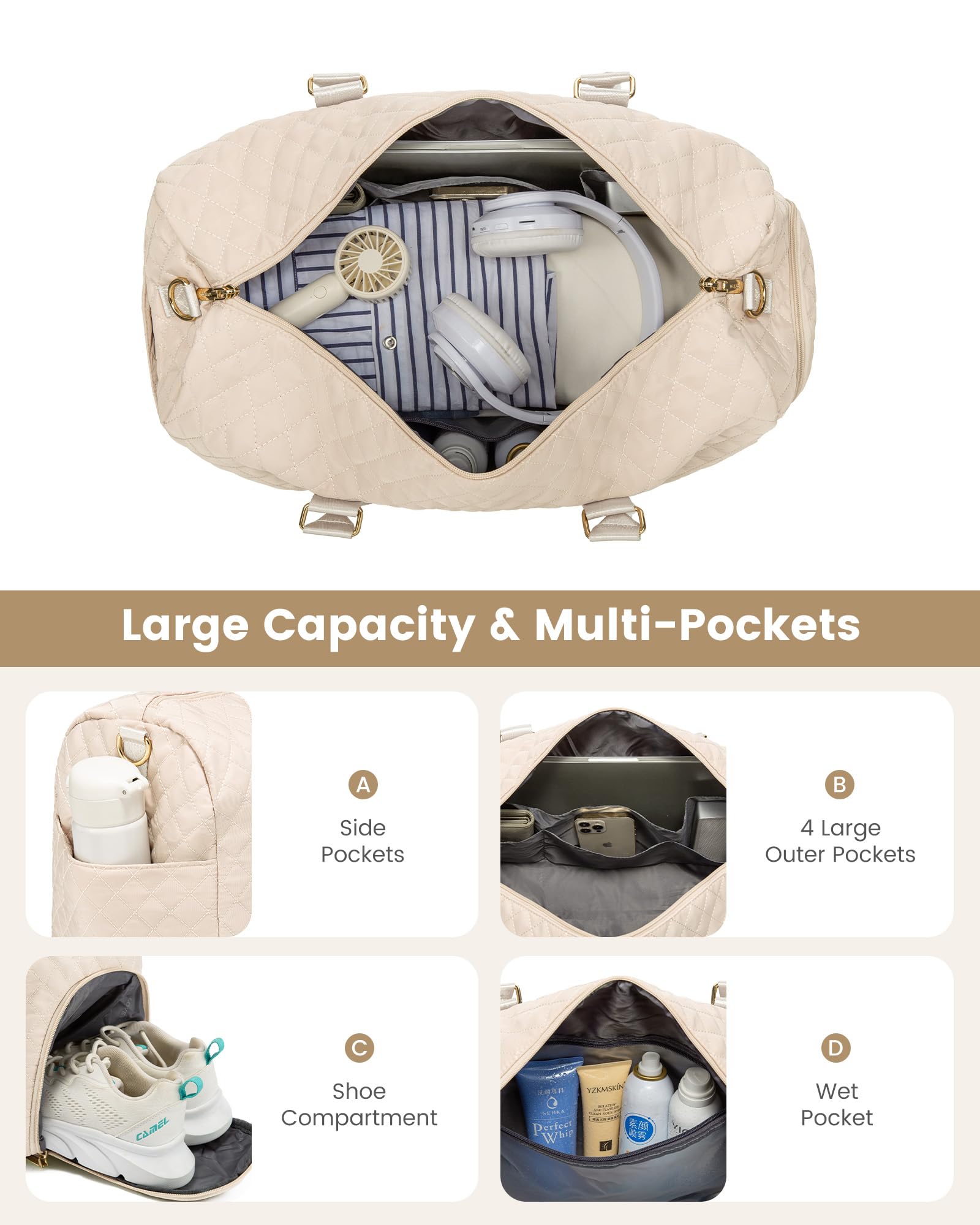 Bolsa de viaje para mujer, bolsa de fin de semana con bolsa de aseo personal, bolsa de mano con compartimento para zapatos, bolsa de gimnasio con bolsillo húmedo, bolsas de hospital para mamá 3