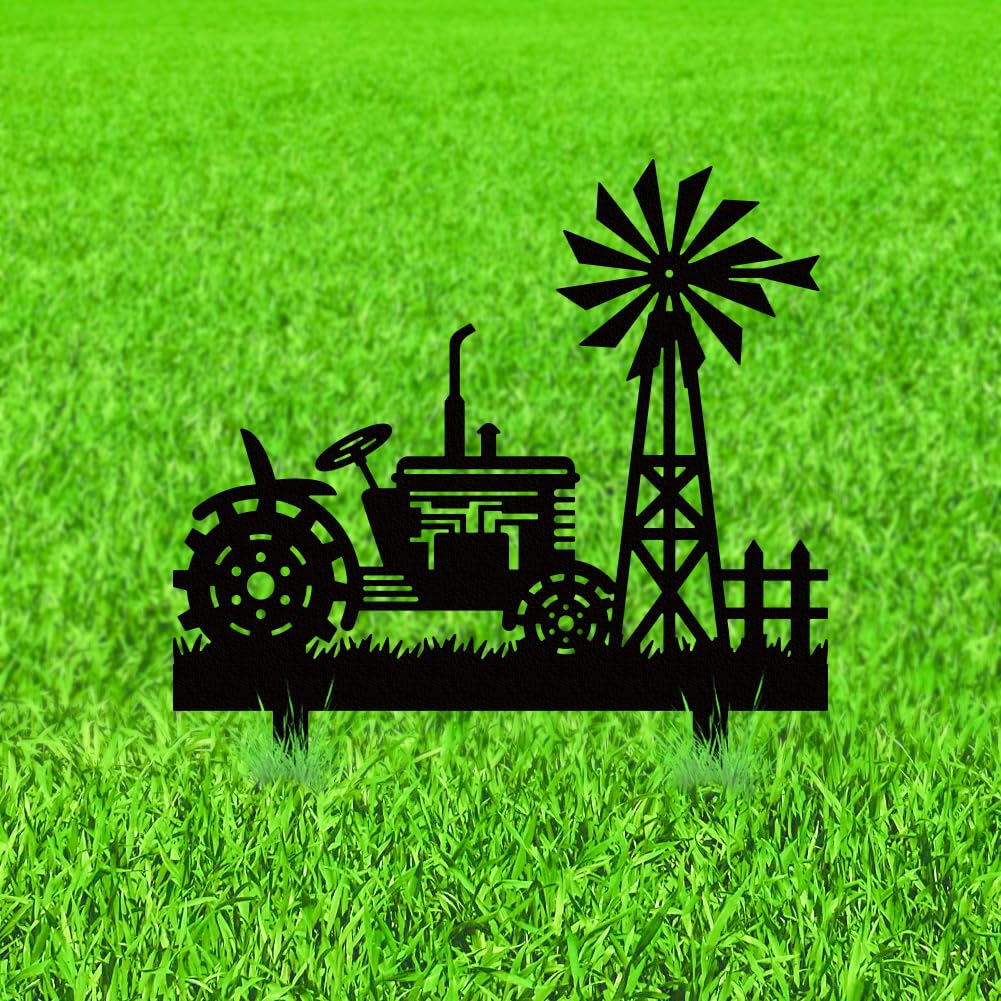WADORN Farms Tractors Windmills Metal Decorative Stakes, Black Tractors Outdoor Statues Silhouette Funny Rustic Farm Gifts Farmhouse Ornaments for Farm Yard Art Garden Patio Backyard Lawn Decors
