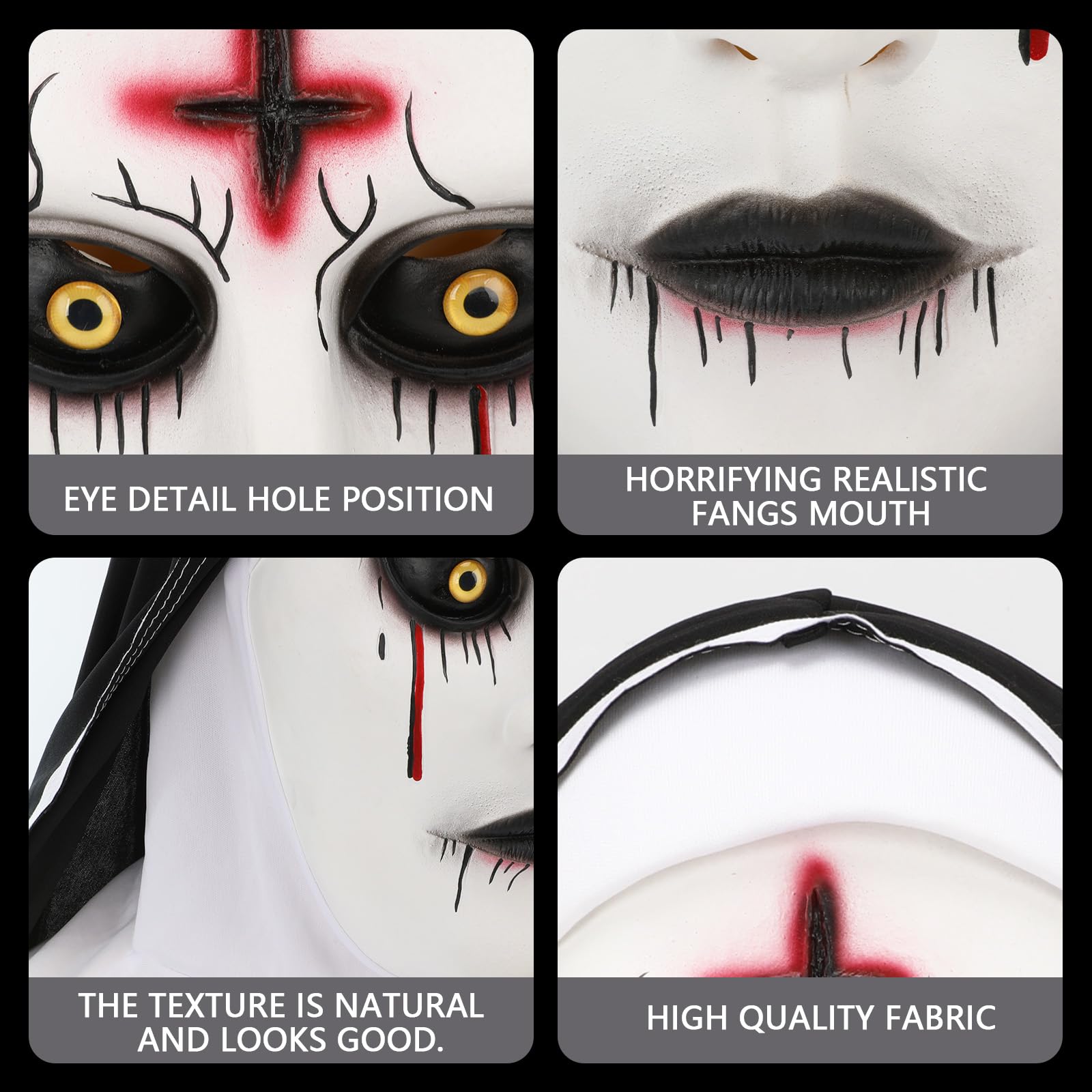 AENEY Scary Nun Full Head Mask, Creepy Halloween Nun Headpiece Costume Cross Necklace, Cosplay Party Gothic Accessories (Style-1) - Image 3