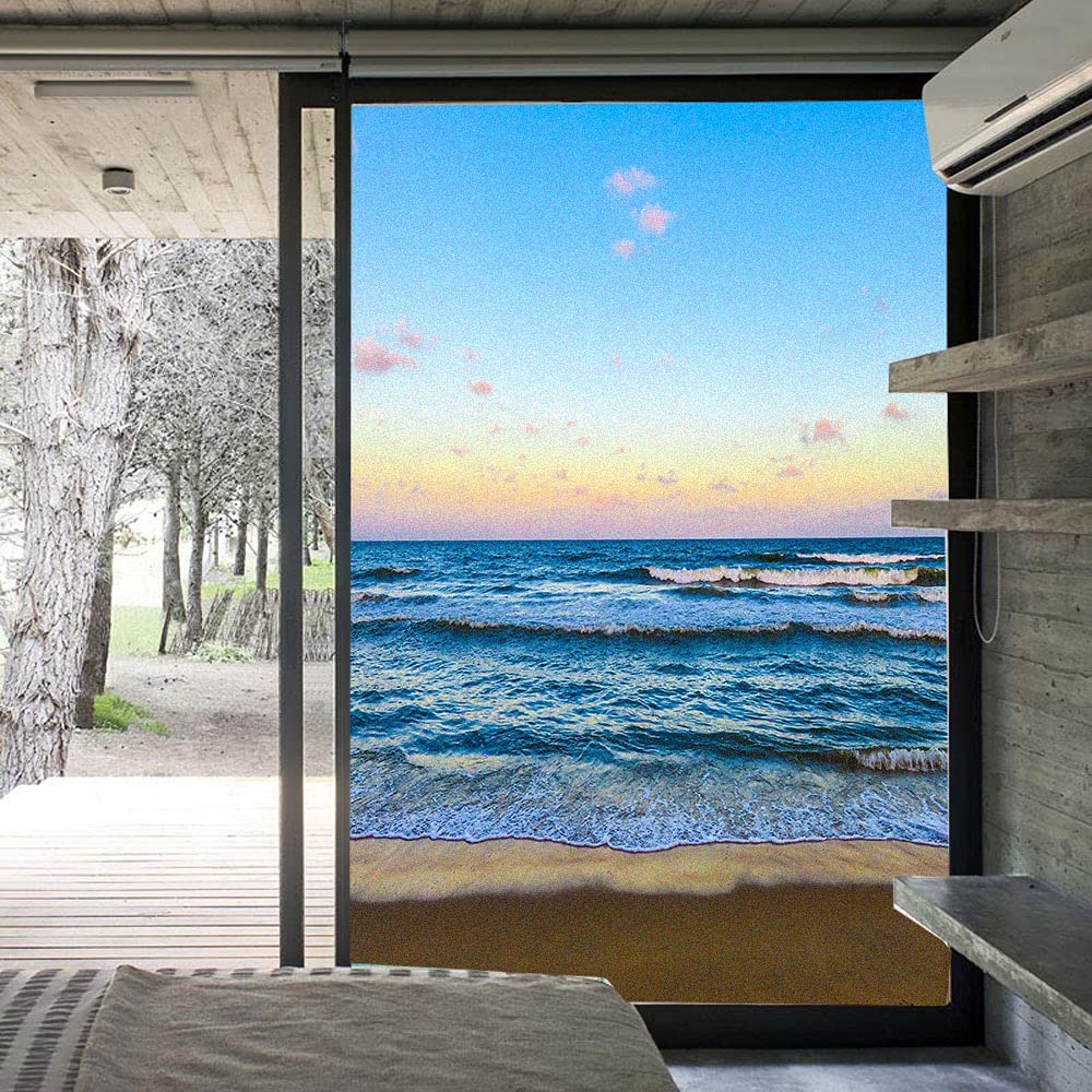 Strand zeegezicht raamfolie, privacy-raamfolie, privacy-raamfolie, matte statische hechting, streeppatronen, priavcy zonder lijm, zelfklevende raamsticker voor thuiskantoor, 50 x 180 cm