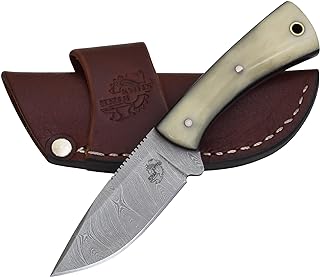 Knives Ranch Fixed Blade Hunting Knife - Full Tang EDC Knife - Damascus Skinning Knife - Bone Handle and Heavy Duty Horizontal Carry Sheath Snug Fit (4402-B) - Knives Ranch