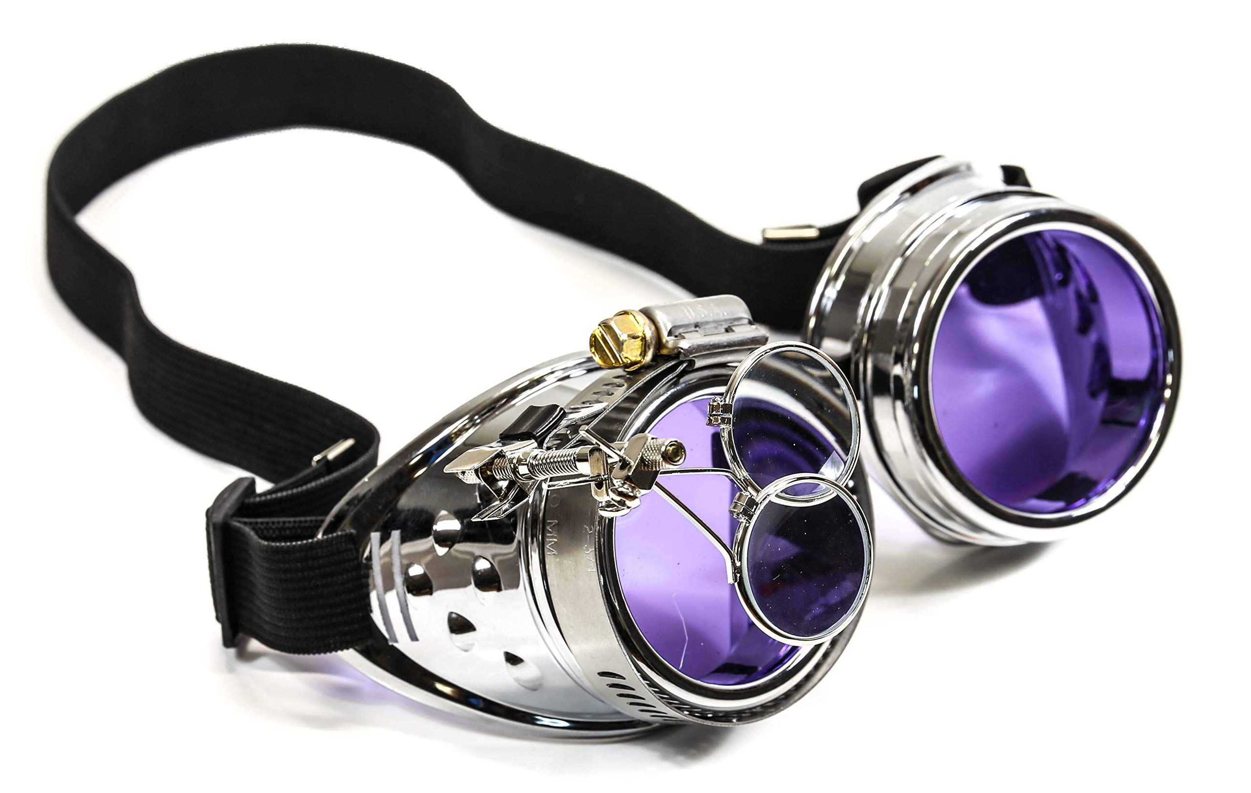 Silver Steampunk Victorian Style Goggles Colored Lenses & Ocular Loupe Mad Scientist (Purple)