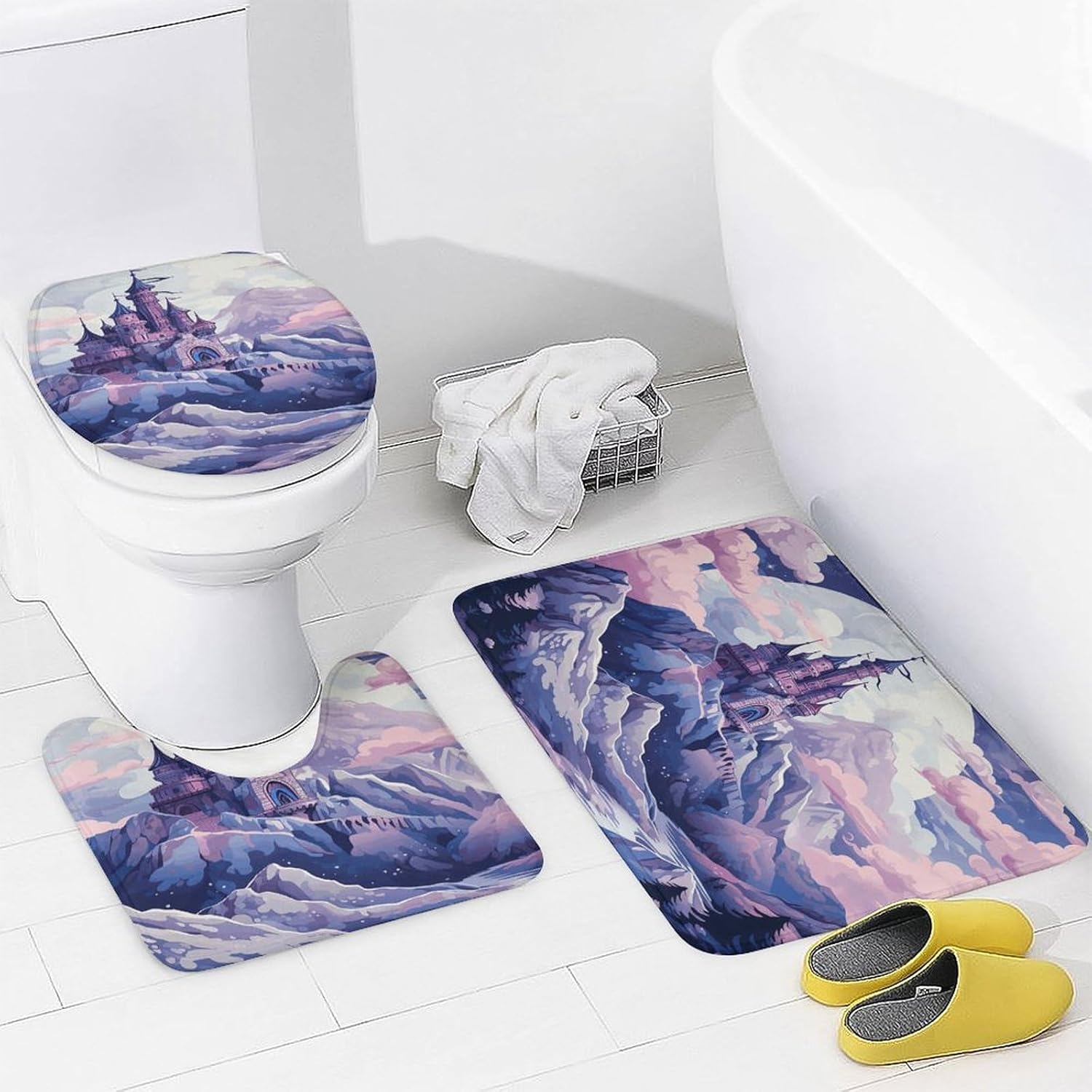 Four Piece Bathroom Set with Toilet Lid Cover and Non-Slip Rugs Minimalist Shower Curtain for Bathroom Set