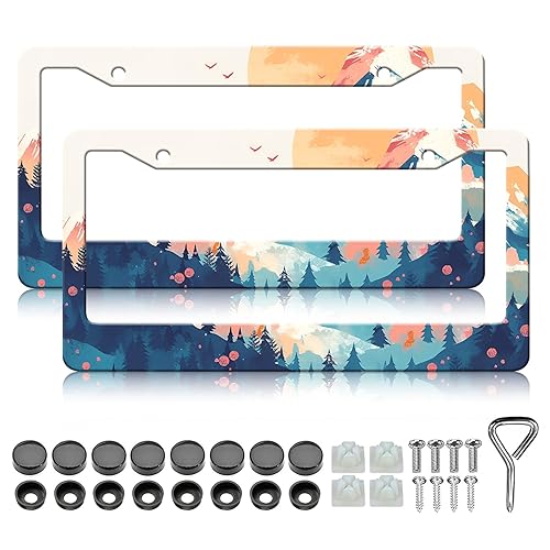 HCSS Watercolor Mountain Forest License Plate Frames - 2 Pack Scenery Aluminum Metal License Plate Holder Covers,Rust-Proof Waterproof Car Decorative Tag Frames for Standard US 12x6 Inch
