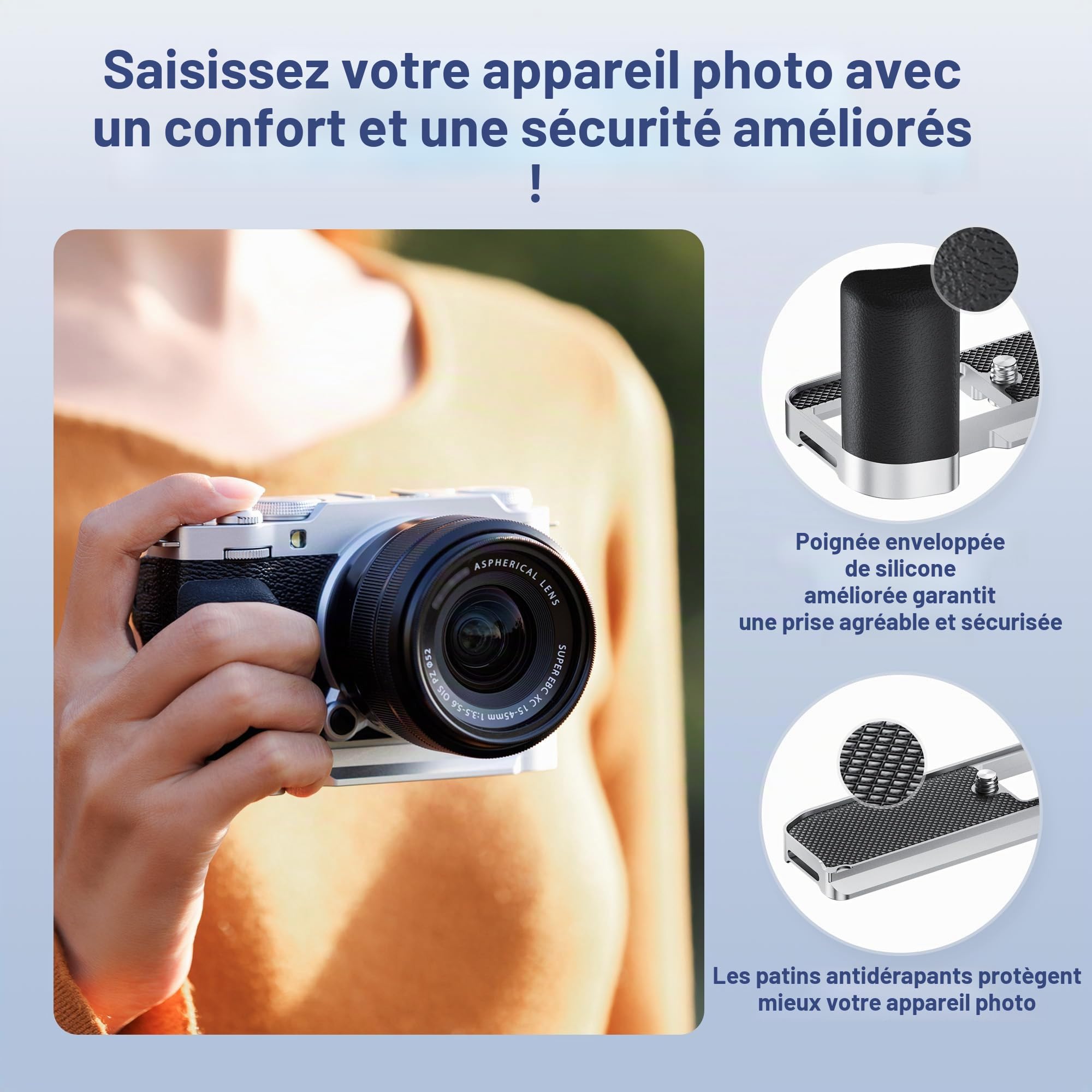 JJC XM5 Poignée en Métal pour Appareil Photo Fujifilm Fuji X-M5, Type Arca Swiss Support de Plaque à Dégagement Rapide avec Support en L en Silicone Antidérapant pour une Meilleure Prise en Main, Noir
