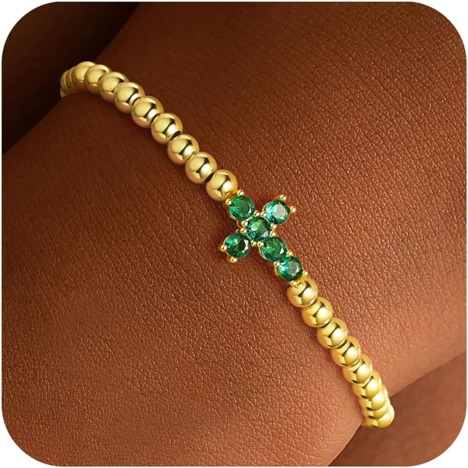 Turandoss Cross Birthstone Beaded Bracelets for Women – 14K Gold Plated Cross Charm 12 Months Created Birthstone Beaded Bracelet Elastic Jewelry for Women Girlfriend