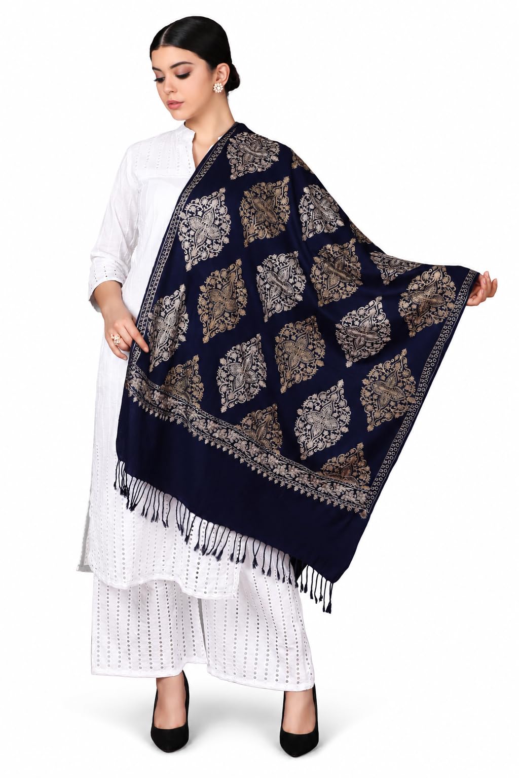 Womens Fine Wool, Silky Nalki Embroidery needlework Stole, Navy Blue-image-25