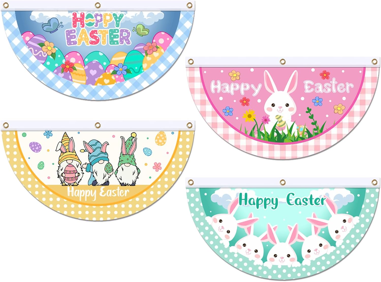 WADORN 4pcs Half Round Fan Flag Banner for Easter, Rabbit Pattern Door Flag Gnome Elf Pattern Short Fan Flag Window Decor for Party Home Office Bathroom Dining Room Bedroom, 35.43x18.5 Inch