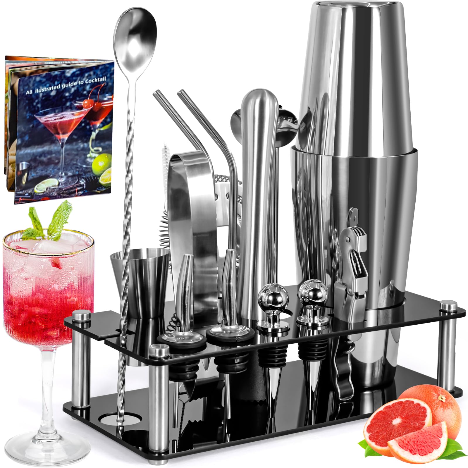Juego de 18 cocteleras de acero inoxidable, coctelera esencial para fiestas con soporte y libro de recetas