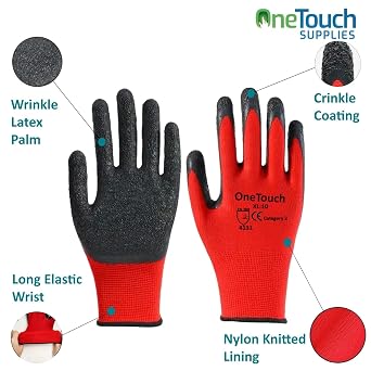 A406 24 Pairs Red Work Gloves Latex coated Crinkled finish Safety Gloves Non Slip Gloves Rubber Gloves for Builder construction gardening Heavy Duty for Construction, Warehouse (Large-9)