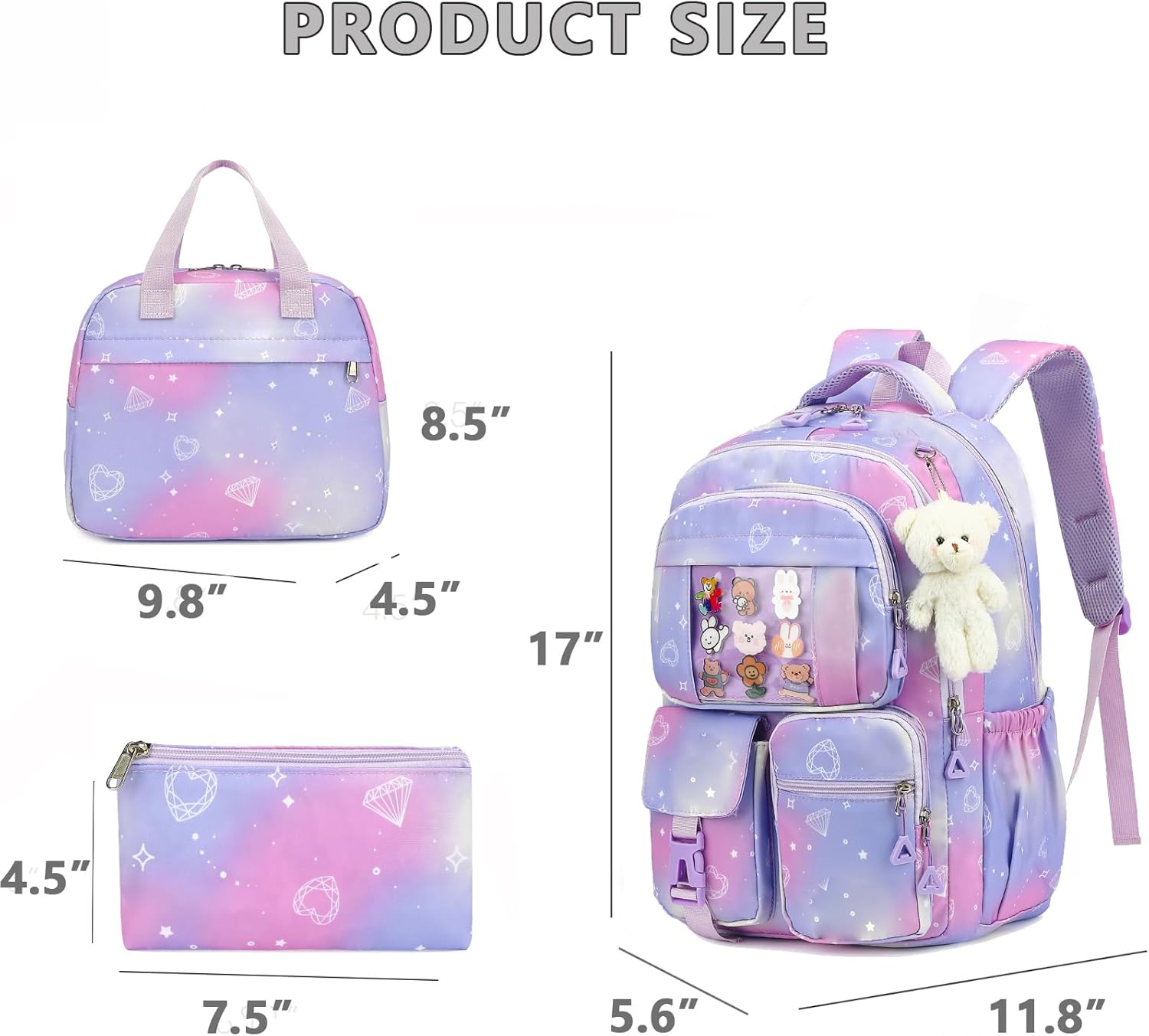 Kids Backpack for Girls Cute School backpack with Lunch Box Kawaii Book Bag Set for Primary Elementary School,Purple
