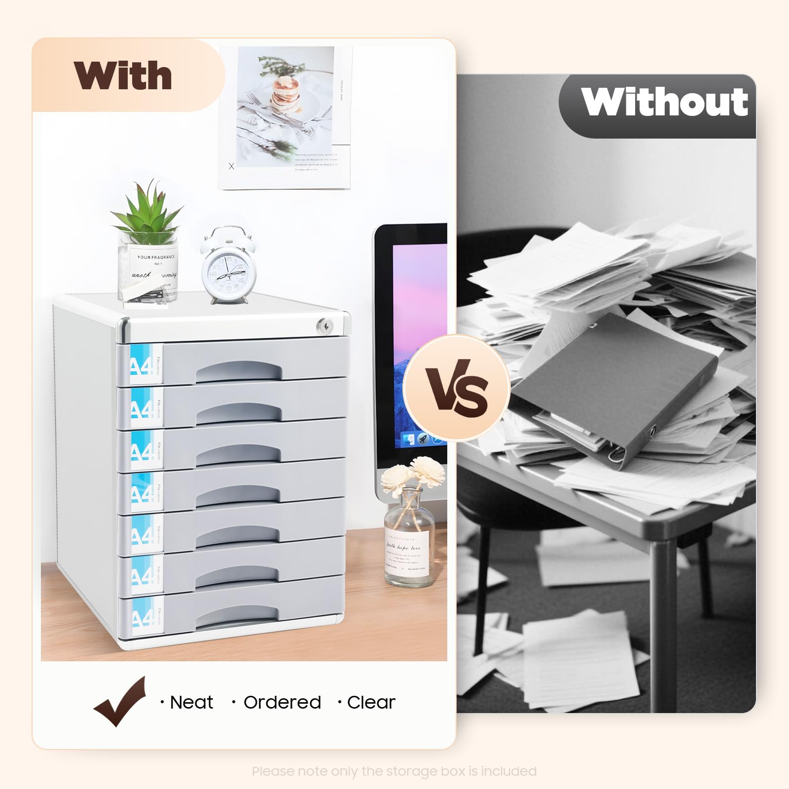 Cassettiera a 7 scomparti, robusta per ufficio, cassetti in metallo, organizer con barra per scrivere e serratura di sicurezza, impilabile per ufficio, home office