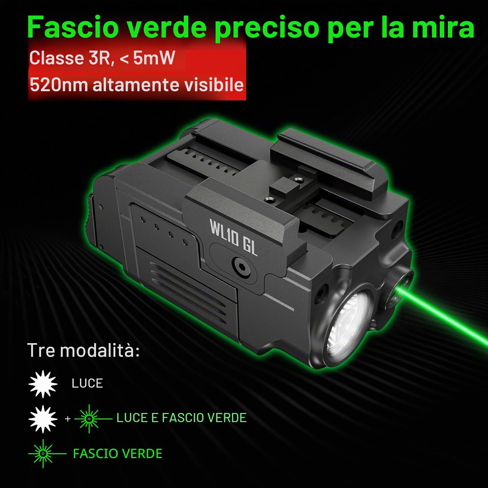 AIMWIN WL10 GL Torcia LED 900 Lumen con Laser Verde – Luce LED con Montaggio Rapido Ricaricabile Magnetica per Slitte Standard 1913 e GL Rail