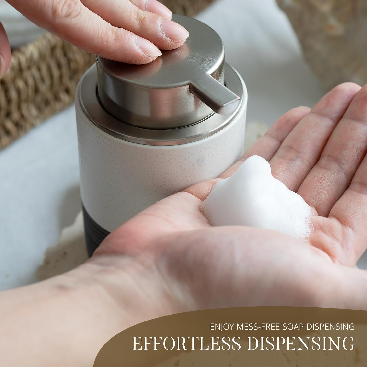 EMPO Ceramic Embossed Press Foam Hand Soap Dispenser - 300ml Large Capacity Facial Cleansing Bottle and Liquid Soap Dispenser for Kitchen Bathroom with Mousse Lotion Pump (White)