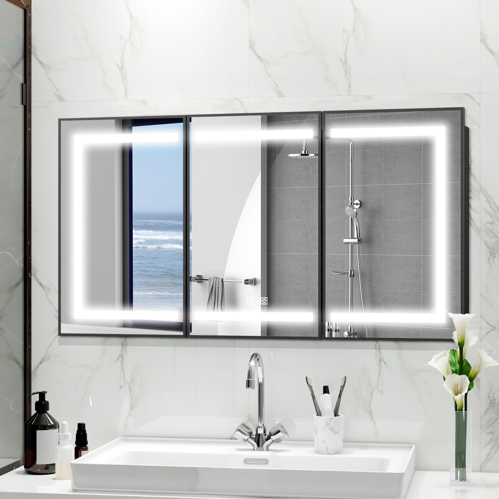 ROOMTEC Lighted Medicine Cabinet with Mirror, Bathroom Mirror Cabinet with Lights and Storage, 3 Doors Bathroom Wall Cabinet with LED Lights, Black,