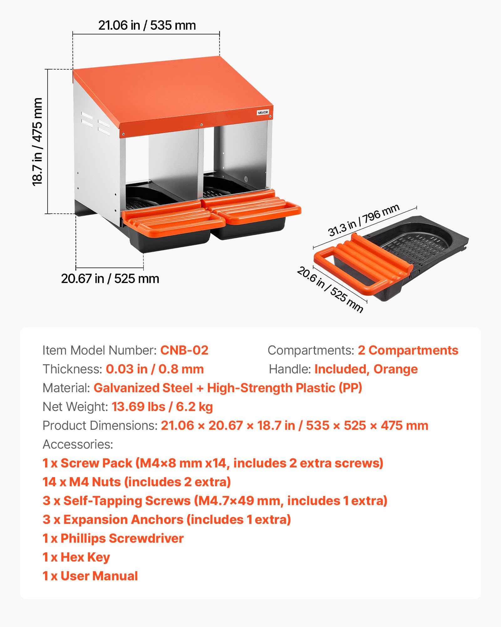 VEVOR Legenest 535x525x475 mm, 2 Fächer, Hühnernest aus Metall mit Fangschale & Lüftungslöchern, Geflügelnester, Abrollnest, ideal für Hennen, Enten, Hühner & anderes Geflügel, Orange