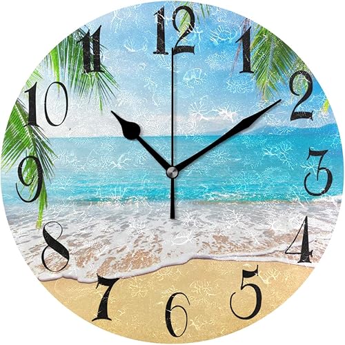 ZOEO - Reloj de playa con palmeras tropicales hawaianas, pintado, silencioso, sin tictac, redondo, arte para el hogar, dormitorio, sala de estar,
