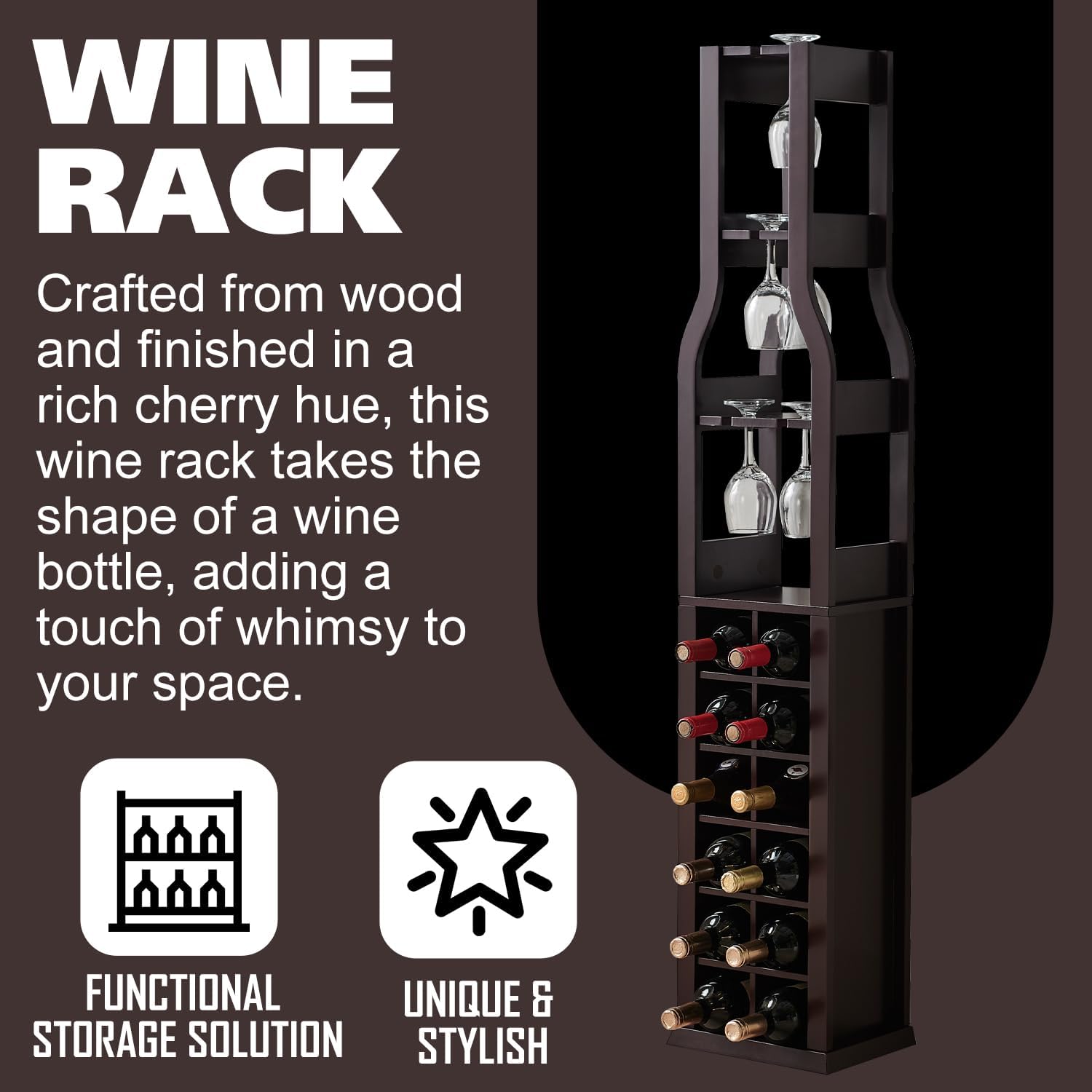 Kings Brand Furniture Granger Wine Rack Freestanding Floor for Bottle Wine Rack with Glass Holder - 3 Stemware Rack for Wine Glass Holder Perfect for Home Bar Kitchen & Room - 12 Bottles - Dark Cherry